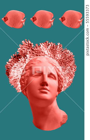 Face of ancient statue, coral and sea fish on a green background. Art, adventure, underwater Face of ancient statue, coral and sea fish on a green background. Art, adventure, underwater 55593373