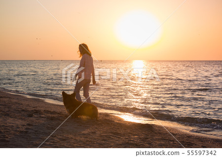 girl with a dog on the beach girl with a dog on the beach 55597342