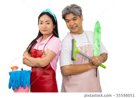 Midle-aged ,young asian couple holding cleaning Midle-aged ,young asian couple holding cleaning 55598051