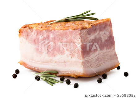 A piece of smoked bacon with rosemary leaves and A piece of smoked bacon with rosemary leaves and 55598082