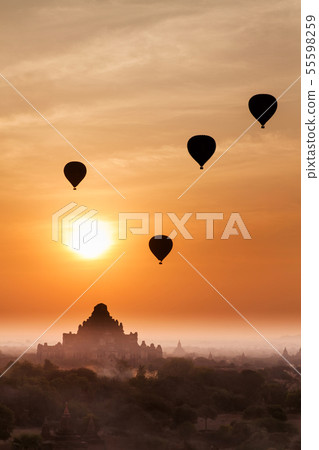 Old bagan in morning mist and silhouette of hot Old bagan in morning mist and silhouette of hot 55598259