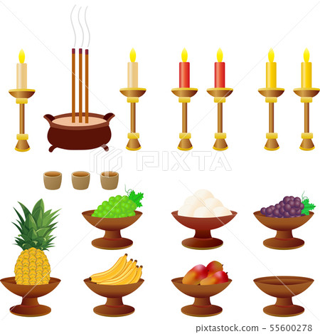 儀式用香薰燭台。燃燒的香燭。返回一個小鳳凰，葡萄、,頭，漿果，柑桔等。 55600278