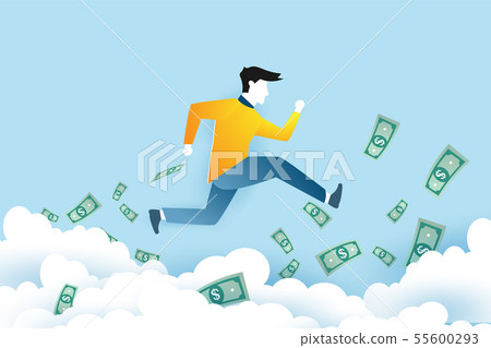 A man is jumping on the clouds with money.Business A man is jumping on the clouds with money.Business 55600293