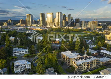 Drone shot of the city of Bellevue from above Drone shot of the city of Bellevue from above 55600459