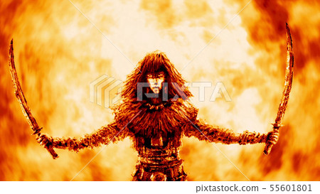 Warrior girl with two raised sabers. 55601801