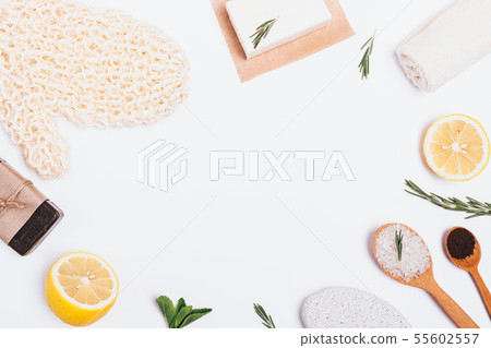 Flat lay frame of anti-cellulite natural cosmetics Flat lay frame of anti-cellulite natural cosmetics 55602557