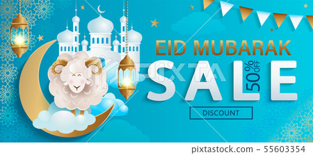 Sale Banner for Eid Mubarak, half price flyer. 55603354