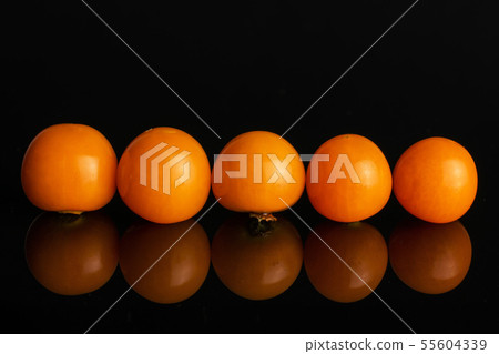 Fresh orange physalis isolated on black glass Fresh orange physalis isolated on black glass 55604339
