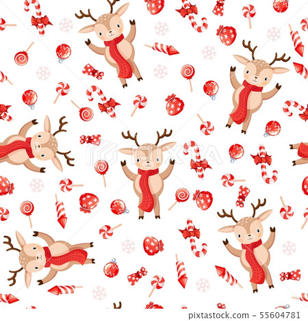 Seamless pattern with cute deers. Hand-drawn... - Stock Illustration ...