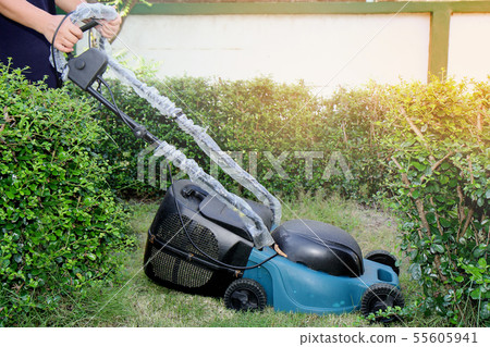 Use hands to push mower to cut the grass Use hands to push mower to cut the grass 55605941