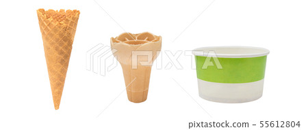 Empty crispy ice cream cone and paper cup. Empty crispy ice cream cone and paper cup. 55612804