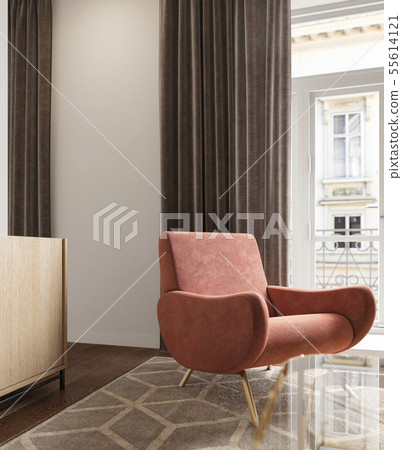 Scandinavian interior with coral armchair, curtains, carpet and window. Scandinavian interior with coral armchair, curtains, carpet and window. 55614121