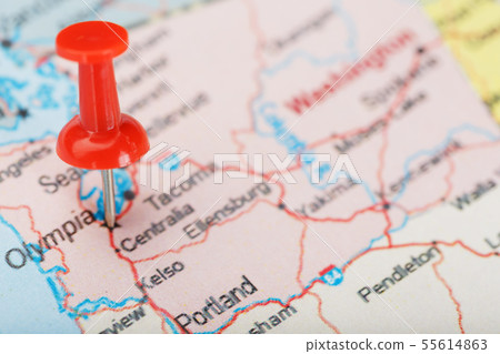 Red clerical needle on map of USA, Washington and Red clerical needle on map of USA, Washington and 55614863