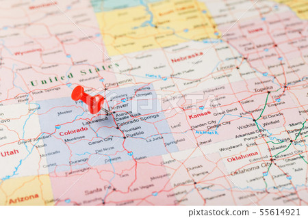 Red clerical needle on a map of USA, Colorado and Red clerical needle on a map of USA, Colorado and 55614921