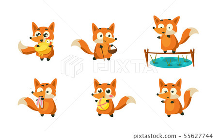 Cute Little Fox Doing Different Activities Set, Funny Forest Animal Character in Different 55627744