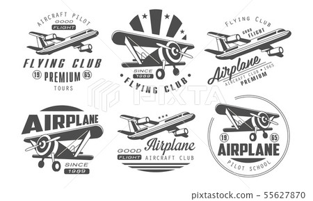 Flying Club Premium Logo Templates Set, Retro Aviation Aircraft Club Monochrome Badges Vector Flying Club Premium Logo Templates Set, Retro Aviation Aircraft Club Monochrome Badges Vector 55627870