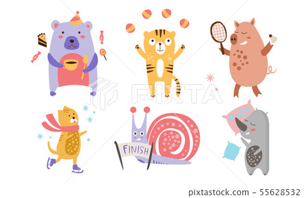 Cute Animals Different Activities Set, Adorable Humanized Animals Characters Engaged in Sports Cute Animals Different Activities Set, Adorable Humanized Animals Characters Engaged in Sports 55628532