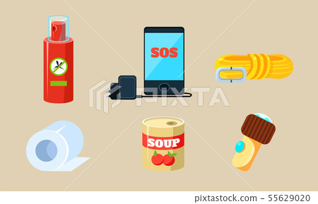 Travel Icons Set, Necessary Supplies for Trip and Traveling, Repellent, Rope, Toilet Paper, Canned Travel Icons Set, Necessary Supplies for Trip and Traveling, Repellent, Rope, Toilet Paper, Canned 55629020