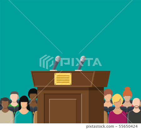 Brown wooden rostrum with microphones 55650424