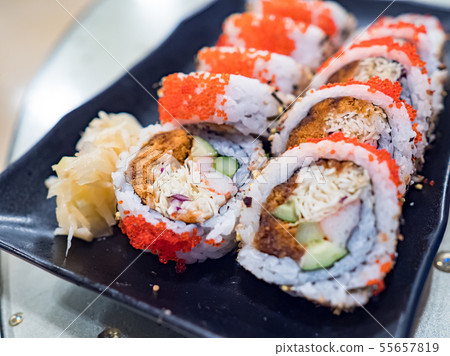 Sushi roll japanese food in restaurant. 55657819