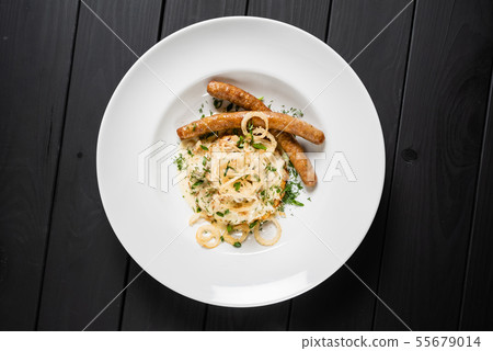 potato pancakes with sausages and fried onion 55679014