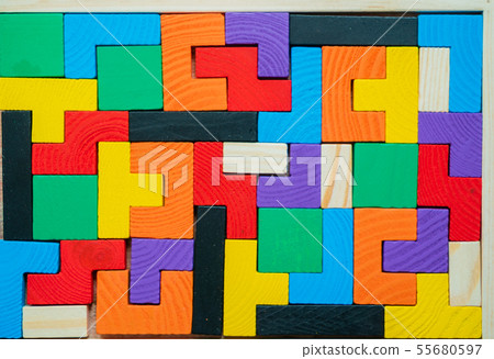 Tetris toy wooden blocks closeup 55680597