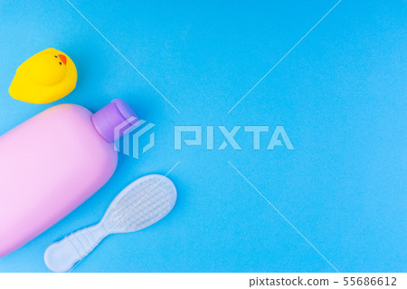 Flat lay composition of baby care products on a Flat lay composition of baby care products on a 55686612