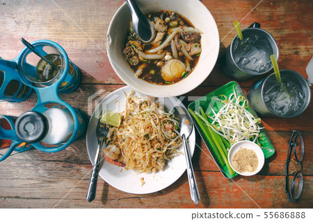 top view thai street food on old wooden table top view thai street food on old wooden table 55686888