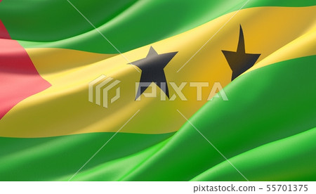 Waved highly detailed close-up flag of Sao Tome and Principe. 3D illustration. 55701375