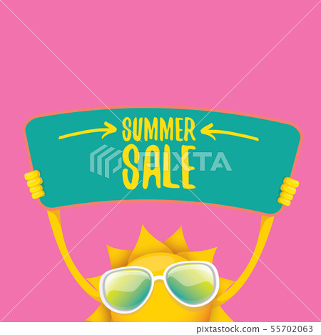 summer sale vector poster or web banner. summer happy sun character holding sign or banner with summer sale vector poster or web banner. summer happy sun character holding sign or banner with 55702063