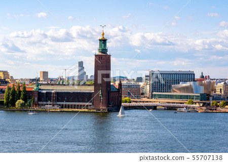 View of Stockholm city over sea harbour in summer View of Stockholm city over sea harbour in summer 55707138