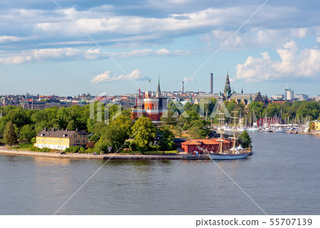 View of Stockholm city over sea harbour in summer View of Stockholm city over sea harbour in summer 55707139