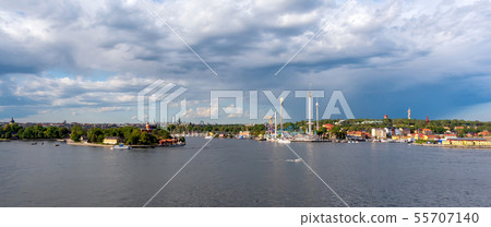 View of Stockholm city over sea harbour in summer View of Stockholm city over sea harbour in summer 55707140