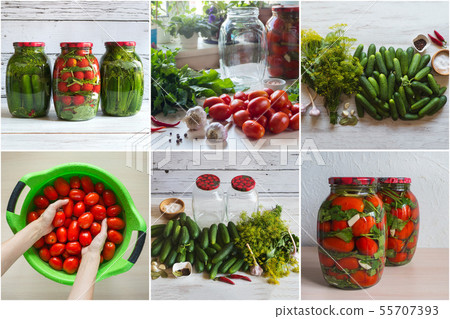 Collage with canned vegetables. Collage with canned vegetables. 55707393