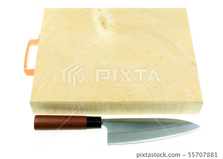 Japanese kitchen deba knife and wood butcher block 55707881