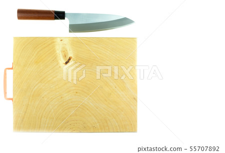 Japanese kitchen deba knife and wood butcher block 55707892