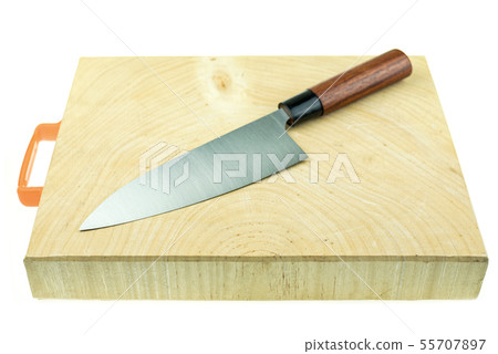 Japanese kitchen deba knife and wood butcher block 55707897