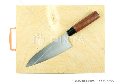 Japanese kitchen deba knife and wood butcher block 55707899