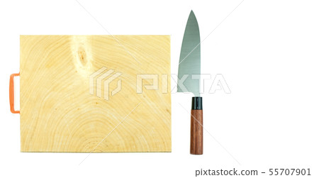 Japanese kitchen deba knife and wood butcher block 55707901