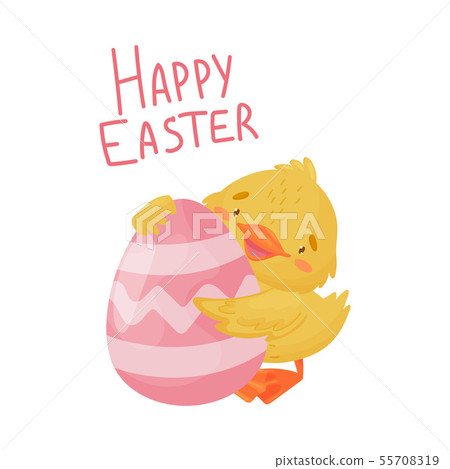 Cute yellow duckling is holding a big egg. Vector illustration on a white background. Cute yellow duckling is holding a big egg. Vector illustration on a white background. 55708319