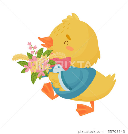 Cute yellow duckling in a suit carries a bouquet. Vector illustration on a white background. Cute yellow duckling in a suit carries a bouquet. Vector illustration on a white background. 55708343