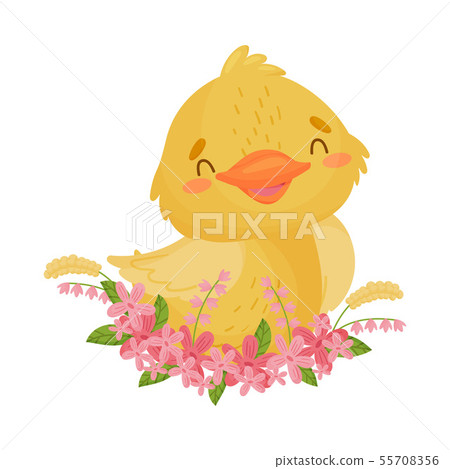 Cute yellow duckling sits in flowers. Vector illustration on white background. Cute yellow duckling sits in flowers. Vector illustration on white background. 55708356