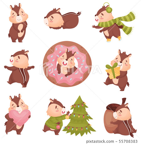 Cartoon chipmunk with different objects. Vector illustration on white background. Cartoon chipmunk with different objects. Vector illustration on white background. 55708383
