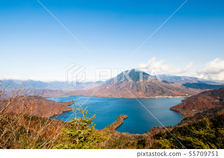 《Tochigi Prefecture》 Autumn Nikko, Lake Chuzenji overlooking Mt. Hangetsu, Oku Nikko, aerial view, Hatcho Dejima, 《Tochigi Prefecture》 Autumn Nikko, Lake Chuzenji overlooking Mt. Hangetsu, Oku Nikko, aerial view, Hatcho Dejima, 55709751