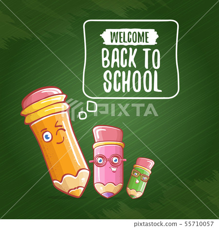 Back to school banner or poster with cartoon funky pencil and hand drawn doodle text label on green Back to school banner or poster with cartoon funky pencil and hand drawn doodle text label on green 55710057