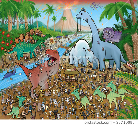 Primitive life (illustration of cat village and dinosaur hunt) Primitive life (illustration of cat village and dinosaur hunt) 55710093
