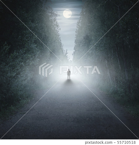 Silhouette of a man in a dark and foggy forest 55710518