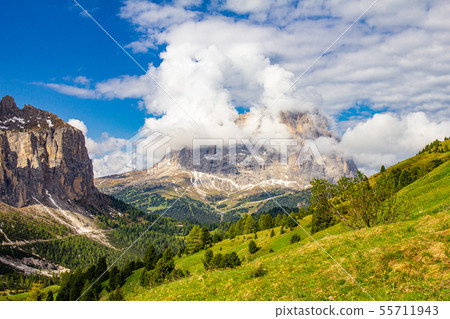 colorful top view to Sassolungo mountain in the colorful top view to Sassolungo mountain in the 55711943