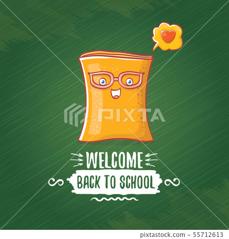 Back to school banner or poster with cartoon funky book and hand drawn doodle text label on green Back to school banner or poster with cartoon funky book and hand drawn doodle text label on green 55712613