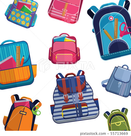 Schools backpacks or rucksacks and bags of different models and sizes vector pattern . Backdrop with Schools backpacks or rucksacks and bags of different models and sizes vector pattern . Backdrop with 55713669